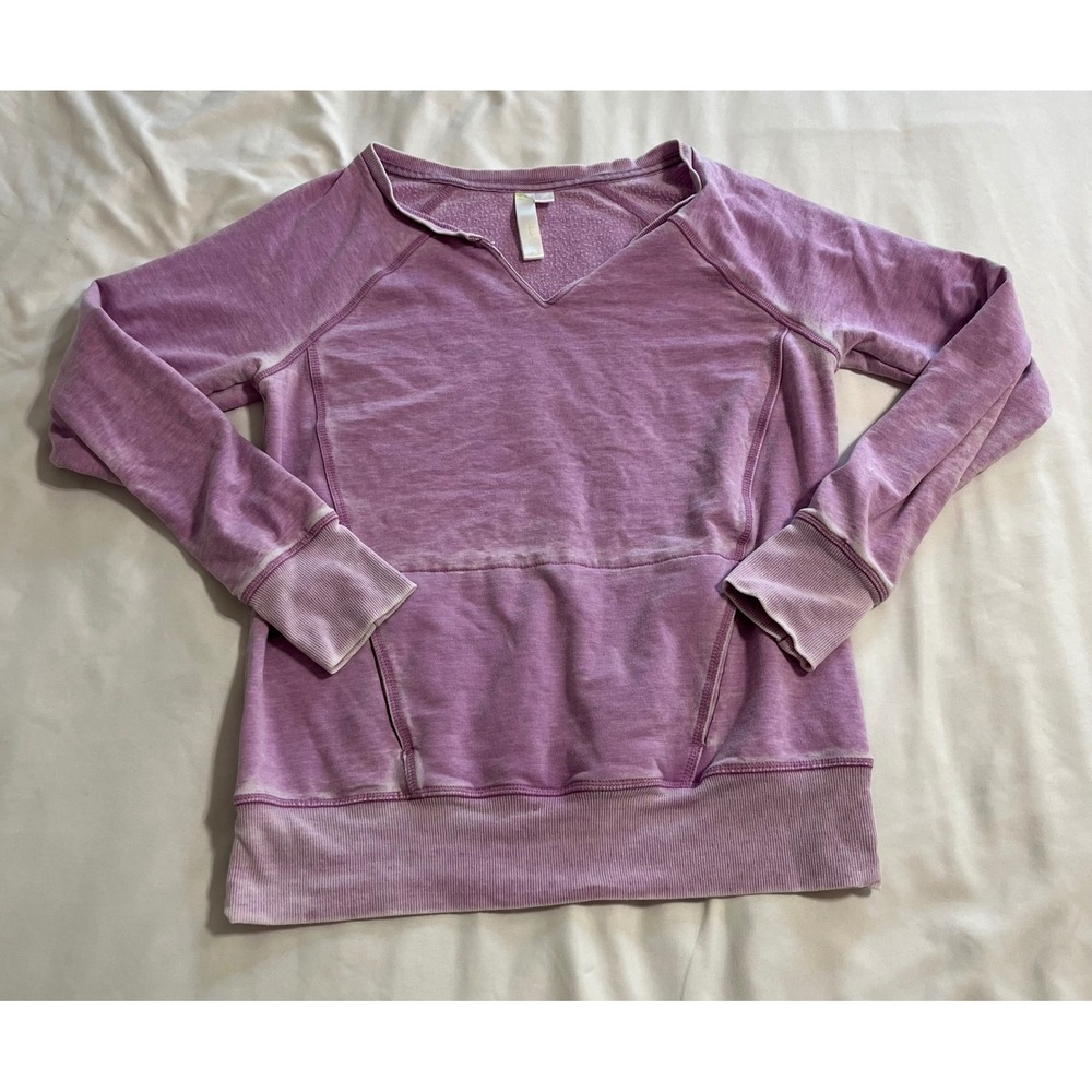 Green Tea Womens Purple Acid Wash Notched V-Neck Sweatshirt Kangaroo Pocket M